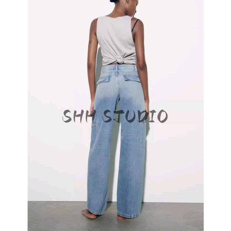 Spring and Summer Women's Clothing Minimalist Washing Effect Overalls Mid Waist Wide Leg Straight-leg Length Denim 3991028