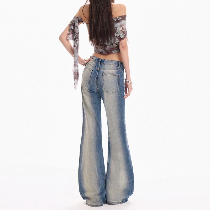 Spring Summer Hand Sand Enzyme Wash Stretch Blue Slim Micro Flare Denim Pants For Women Casual Pants Oversize Denim Trousers