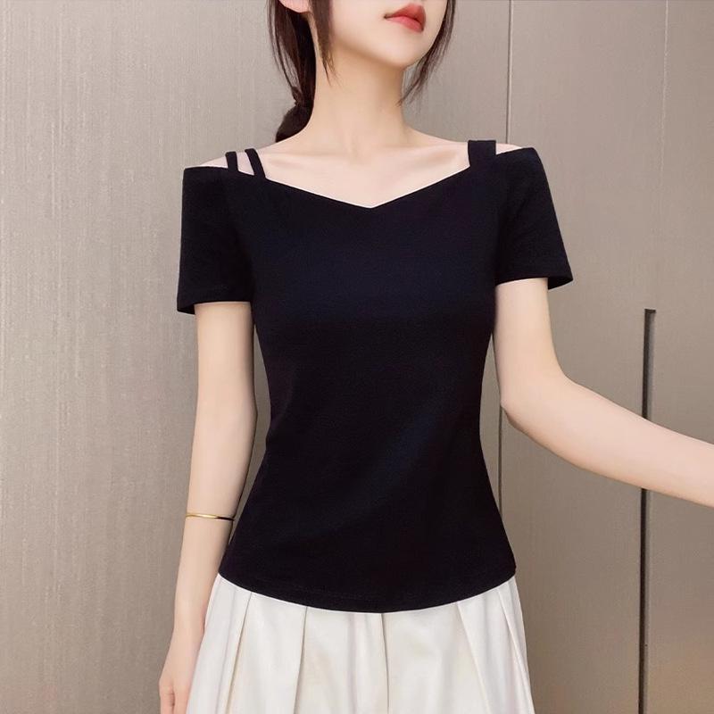 2026 Summer Women s Chic One-Shoulder Short-Sleeve Backless Top with Dual Straps S (recommend 75-85 jin) чёрный