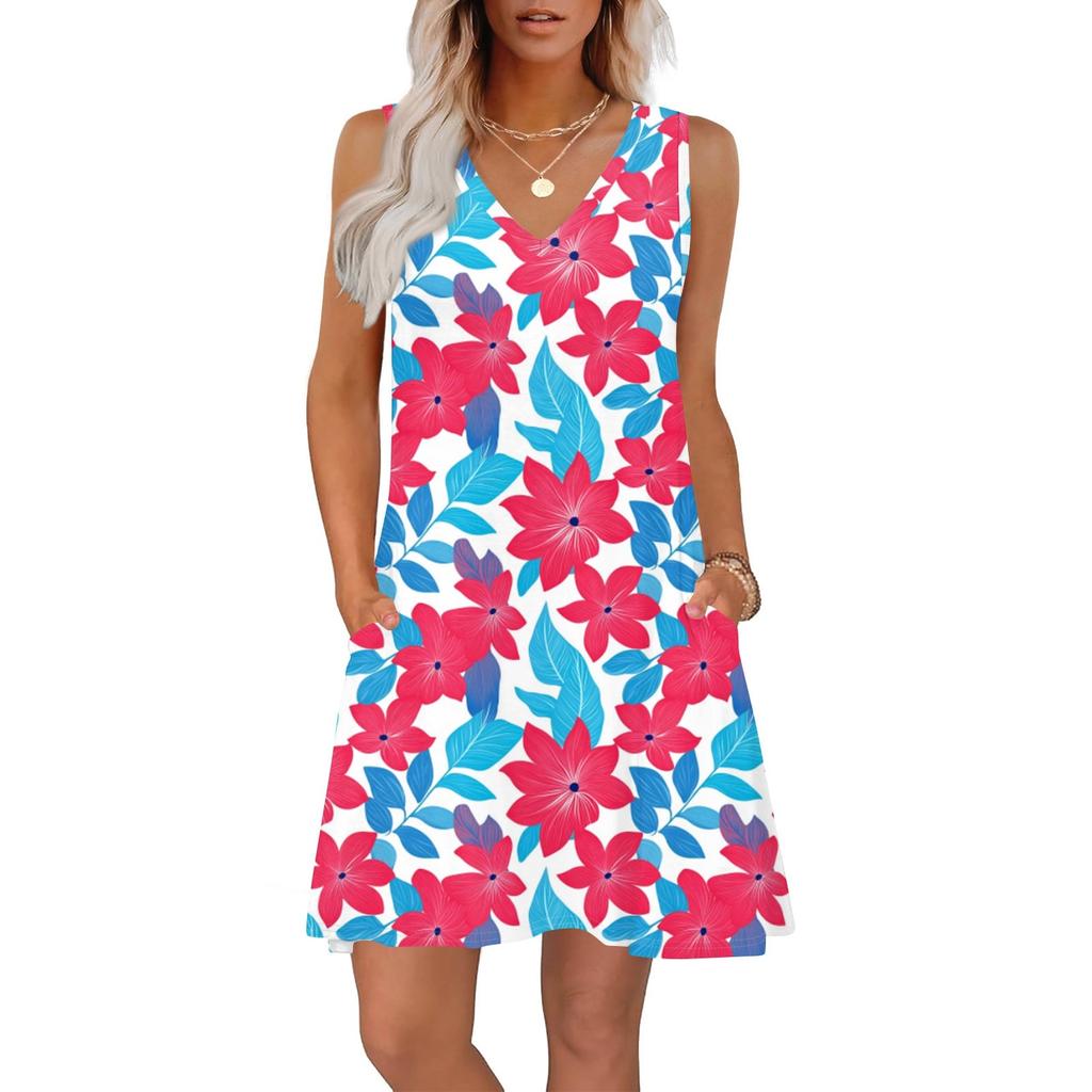 Women's Summer Dresses Loose Fit Printed V Neck Sleeveless Sundresses Beach Hawaiian Dress With Pockets