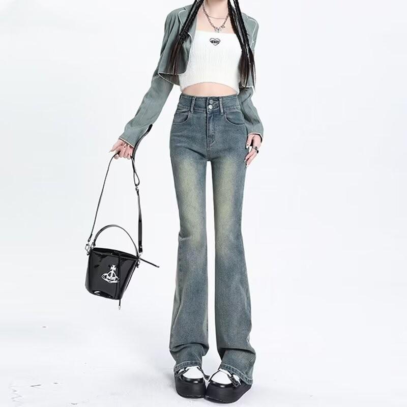 Womens High Waist Stretch Flared Jeans Slim Fit Mid-Rise Denim Pants Casual Korean Style
