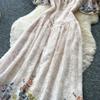 Vestido de Verano Cuadrado de Gasa Bordada Estampada de Alta Calidad para Mujer Moda Vacaciones Manga Volante Adelgazante Midi