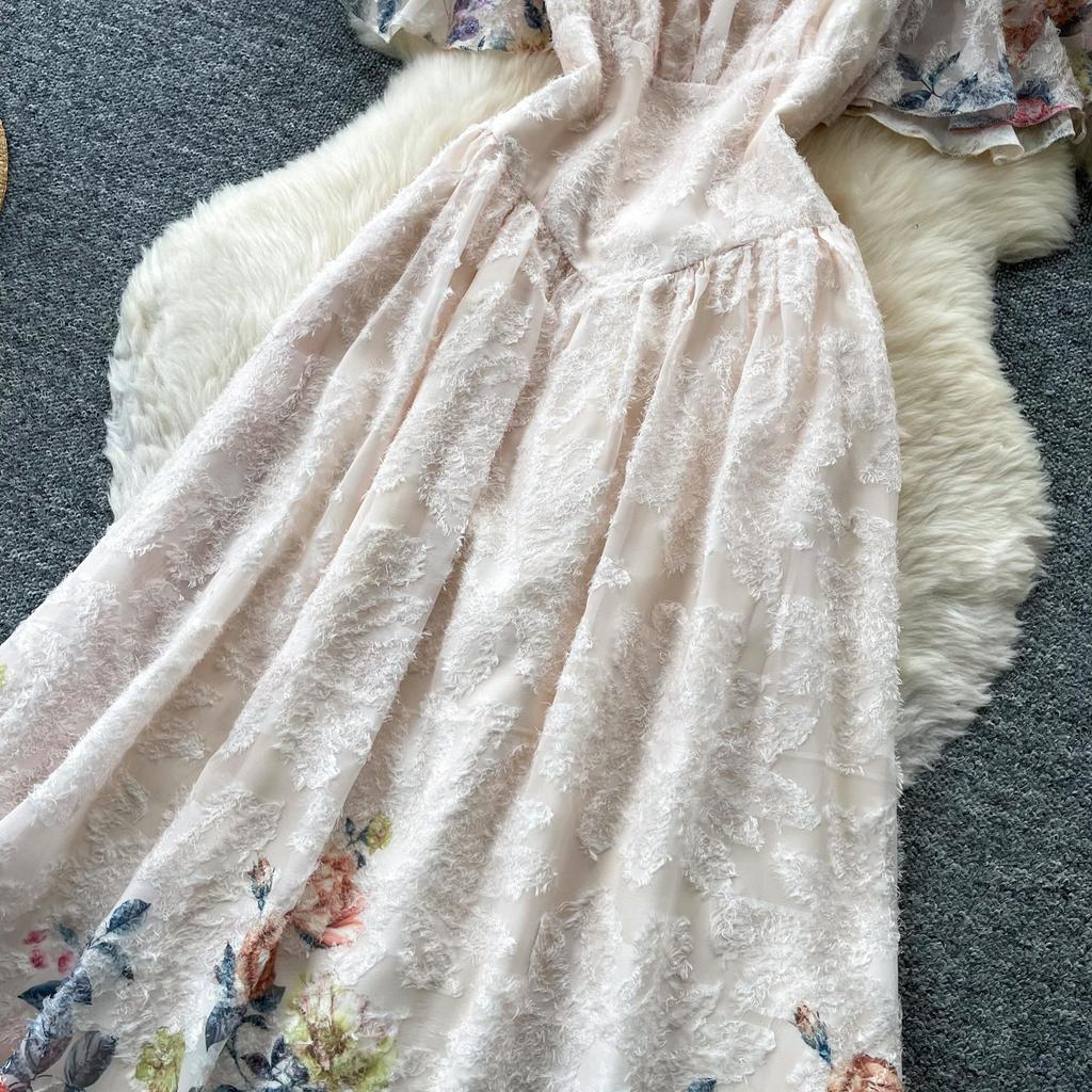 Vestido de Verano Cuadrado de Gasa Bordada Estampada de Alta Calidad para Mujer Moda Vacaciones Manga Volante Adelgazante Midi