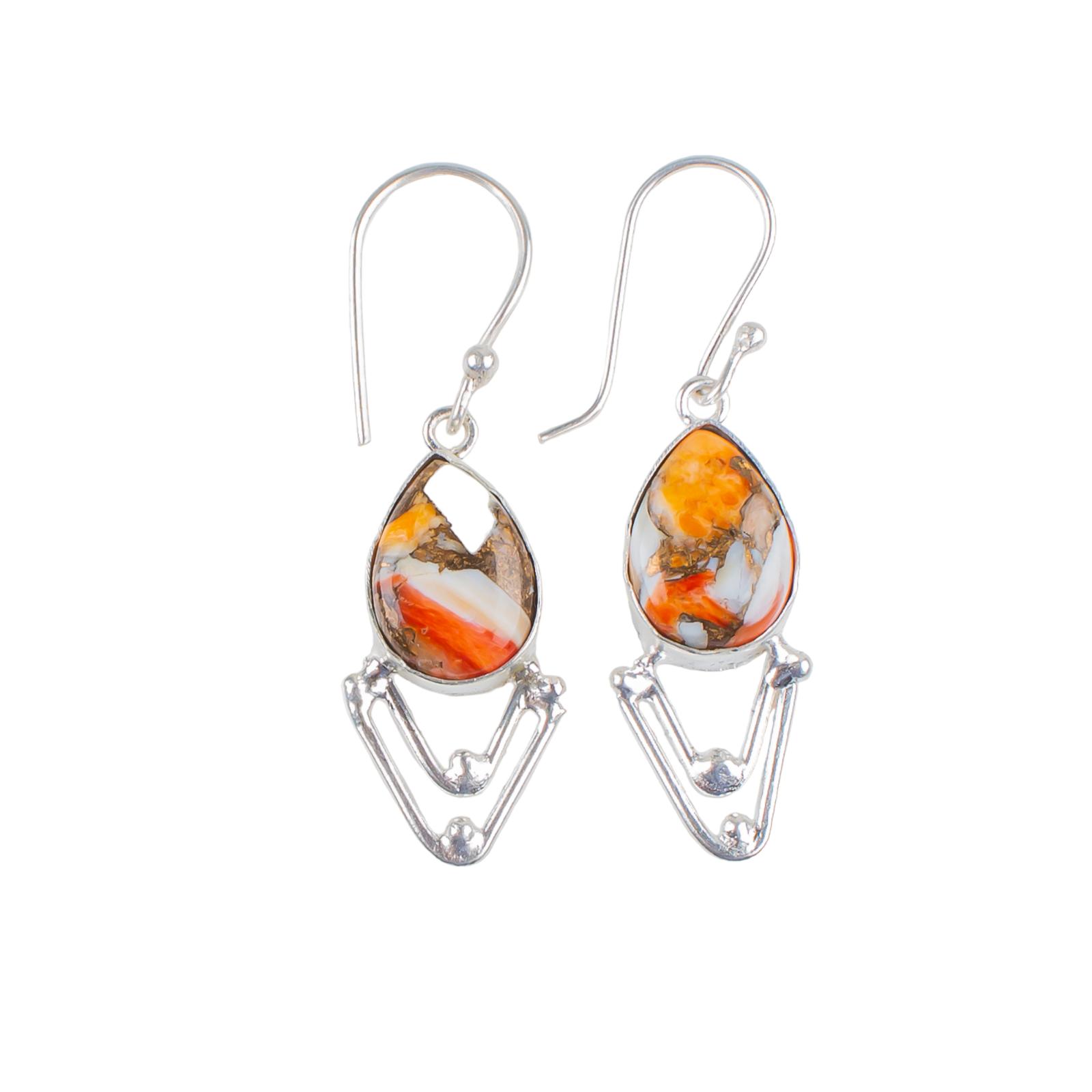 

925 Sterling Silver Orange Copper Turquoise Gemstone Jewelry Hoop Earrings 1.90 EE-39-36