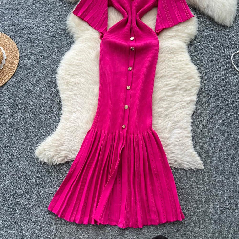 Sommer Damer Elegant V-hals Enkeltspent Strikket Futteral Genser Lang Maxi Fishtail Kjoler