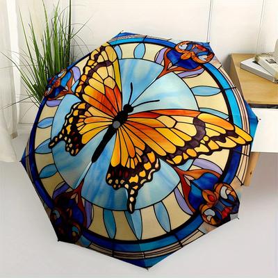 Stunning Stained Butterfly Window PanelUmbrella, Portable 3-Fold Compact Umbrella,Christmas Gift ES529