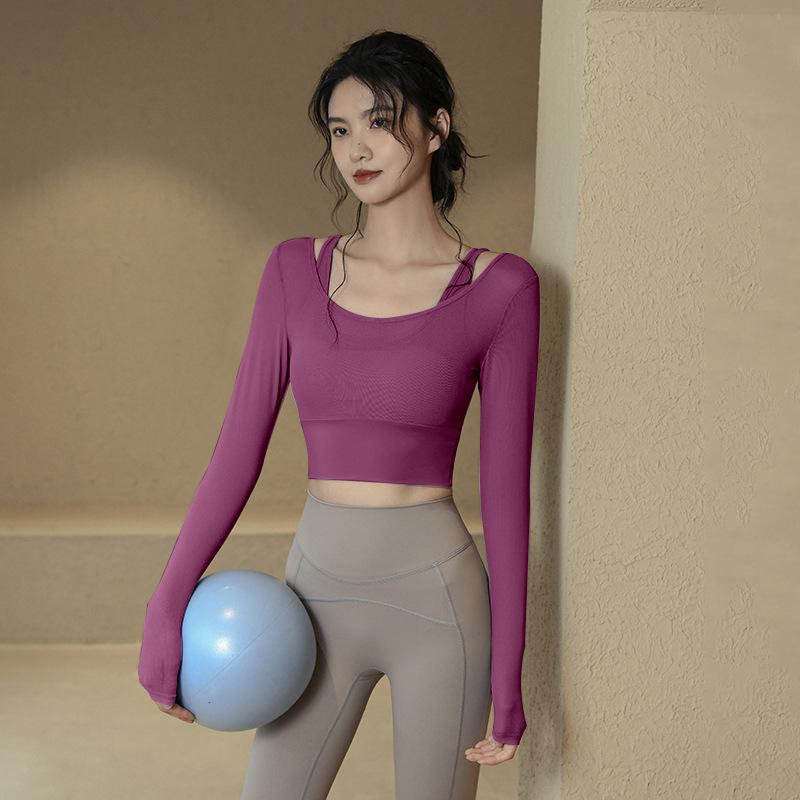 Plus Size Women's Breathable Mesh Long Sleeve Yoga Top with Chest Pad - Slimming Autumn Fitness Wear