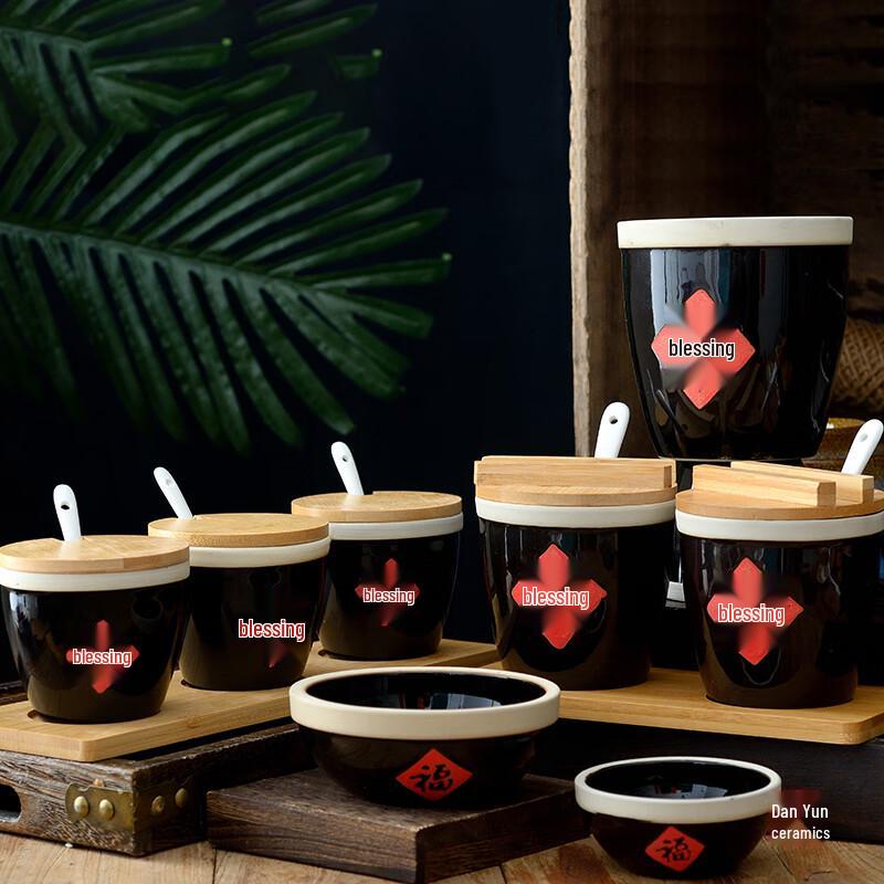 Chinese Style Ceramic Seasoning Jar with Bamboo Lid & Spoon