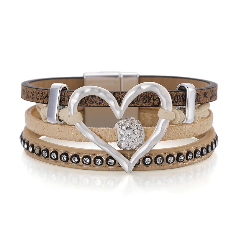 Vintage Multi-layer Leather Bracelet Womens Hollowed Out Heart-shaped Crystal Studded Magnetic Buckle Bangle Party Jewelry