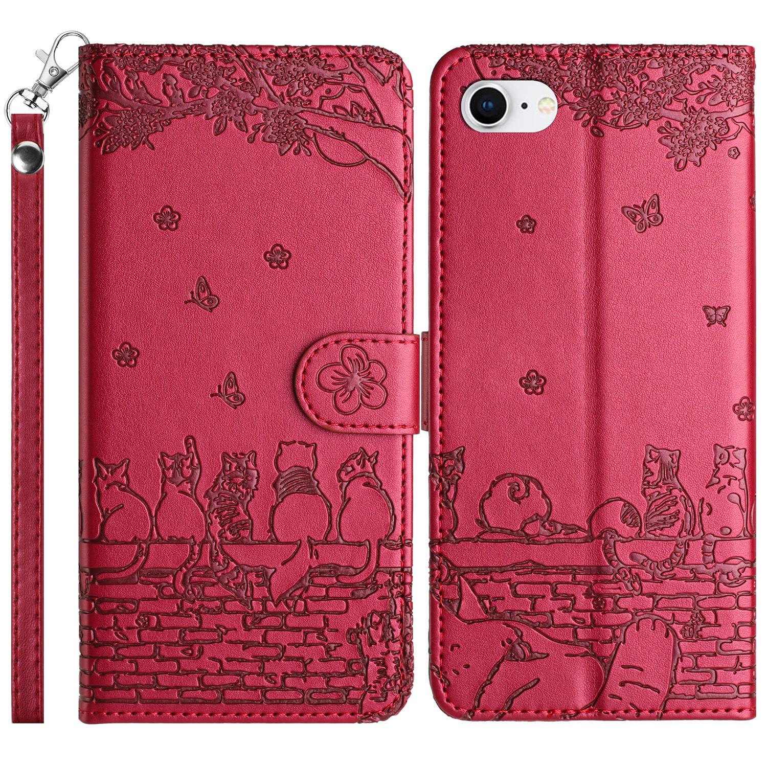 

Для iPhone 16e Чехол-кошелек из ПУ кожи с рисунком кошек на стене Red