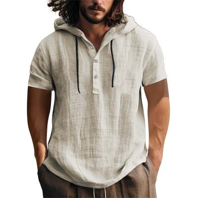 Leinenhemd Kapuzenpullover kurzärmelig mit Kapuze Frühling und Sommer lässiges Herren Strand-T-Shirt