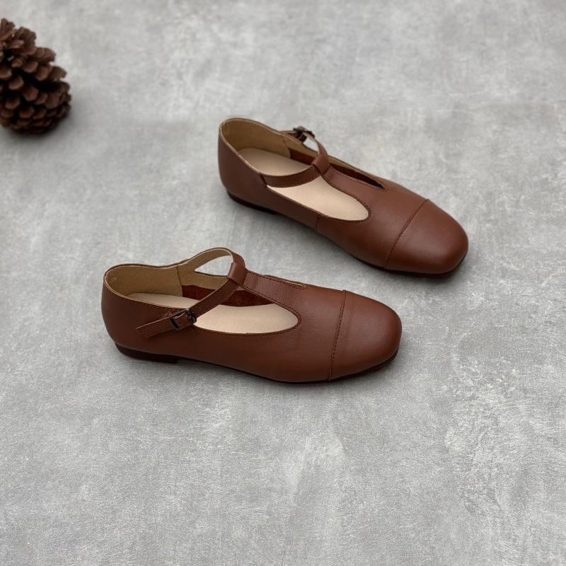 

Johnature Genuine Leather Square Toe Women s Flats Shoes Handmade Cowhide Buckle Strap Solid Color Soft Sole Shoes 39 кофейный