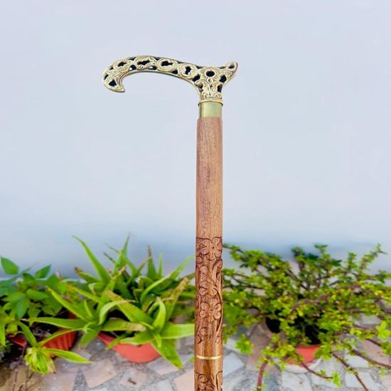91.44 Cm Victorian Engraved Royal Walking Stick, Brass Flower Head with Wooden Engraved Walking Cane, Gifts For Him, Christmas Gift