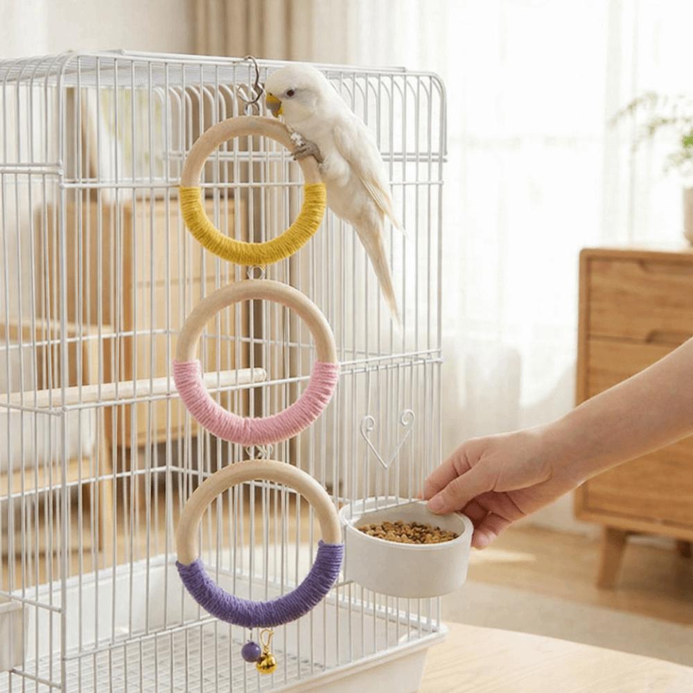 With Bell Bird Swing Toy Wood Hanging Parrot Ring Toy Bird Cage Perch  Climbing Play