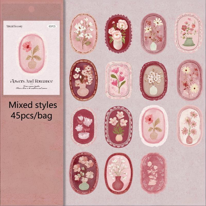 New 45pcs Serene Florals Sticker Pack - Boxed Flower Theme Collection, DIY Journal Collage Decor Set, Literary Stationery