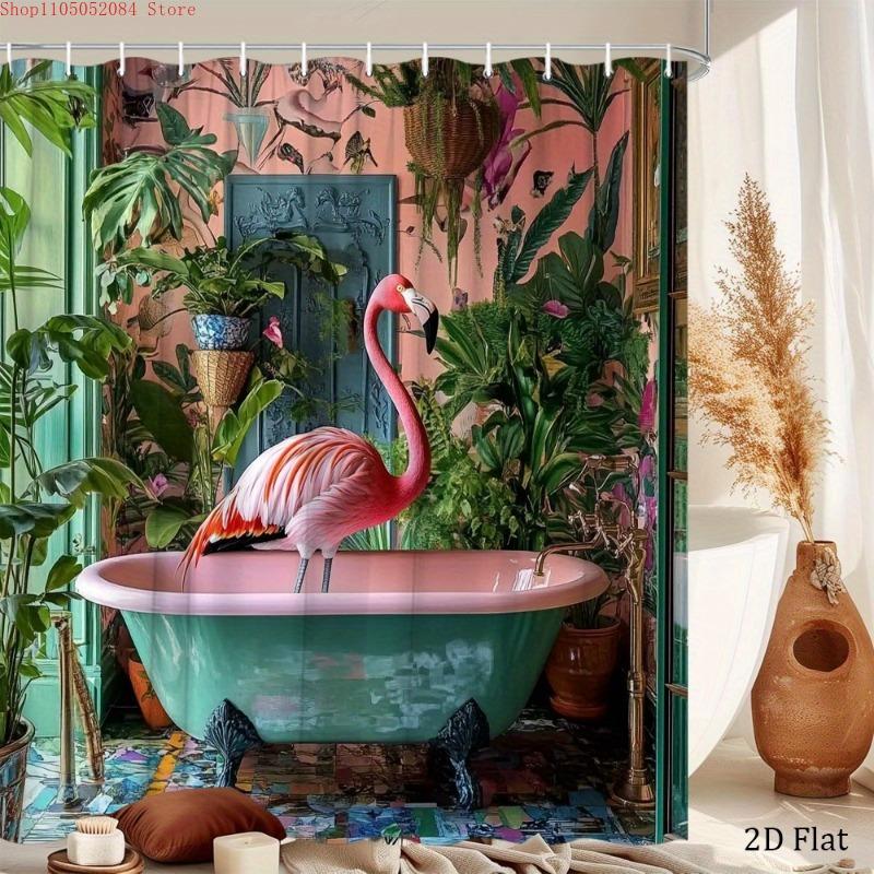 1pc flamingo bathtub shower curtain mint green clawfoot tub  -   With Hooks Waterproof Mildew Proof Easy Install Washable