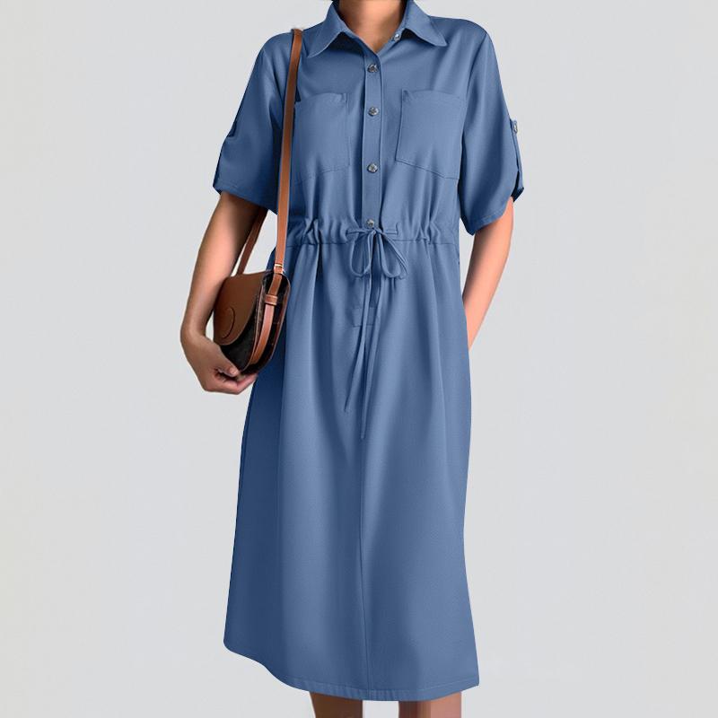 

ZANZEA Женское повседневное платье с отложным воротником и коротким рукавом, на талии, свободное платье L синий