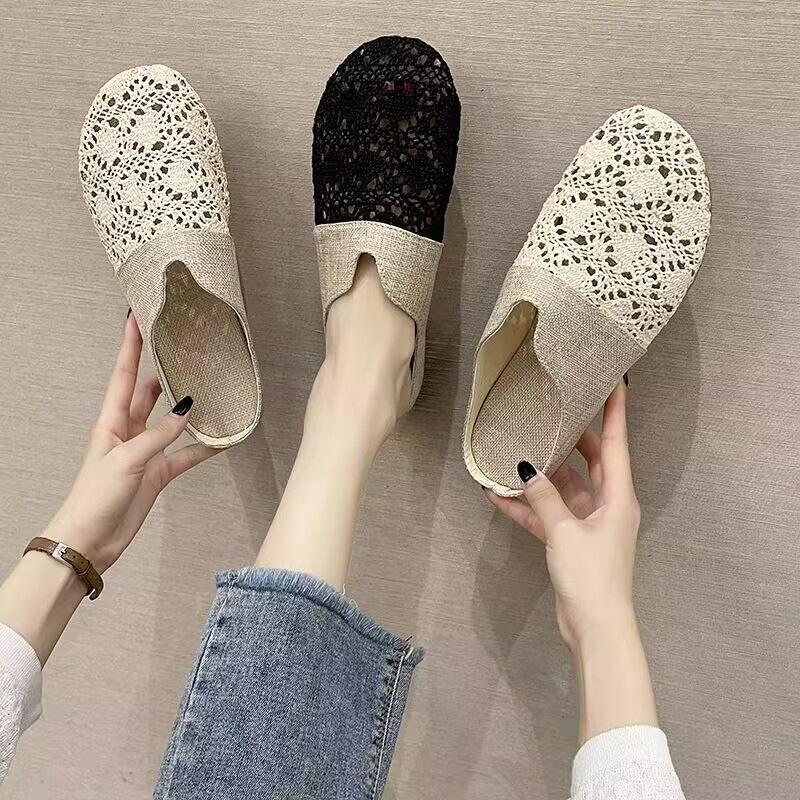 Baotou half slippers women's outer wear 2025 summer new mesh breathable lazy shoes versatile flat bottom outer wear sandals tide