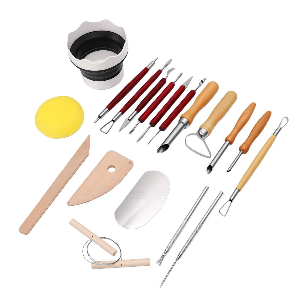 19 Pcs Pottery Tools Kit with Wooden Handle Stainless Steel Clay Sculpting Tools for Ceramics Carving Shaping Detailing