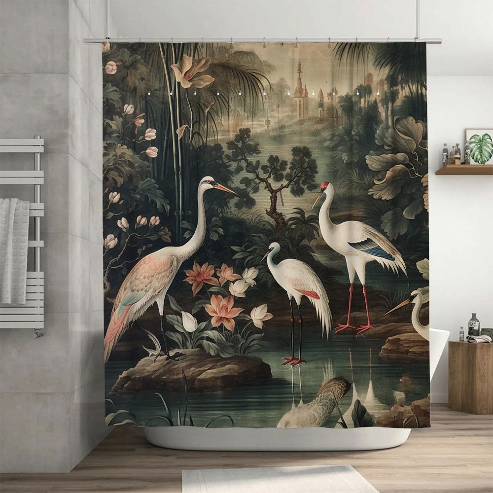Exquisite Oriental Bird Bathing Curtains Vintage White Crane Print Shower Curtain for Bathroom Decoration