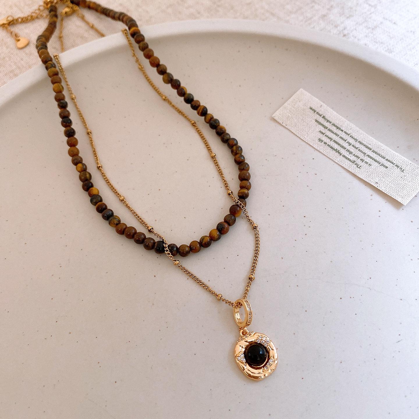 18K real gold electroplated agate beaded tiger s eye stone necklace Maillard retro collarbone chain necklace
