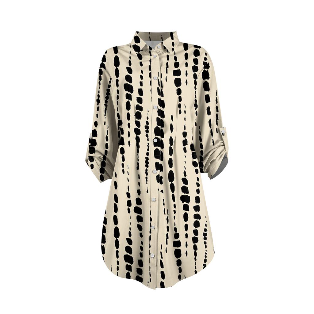 Damen Locker sitzendes V-Ausschnitt Langarmkleid Druck Arbeitshemdkleid