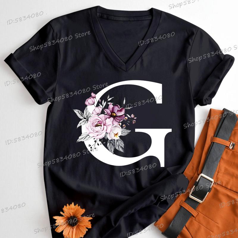Letter B Floral T Shirts Women English Alphabet Birthday Gift Women 26 Initials Flower Classic Tops Tees Alphabet Floral Tshirt