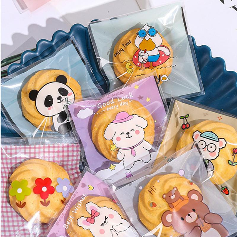 100Pcs 7x7cm/10x10cm Plastic Cartoon Self-Adhesive Bakery Packaging Cookie Snack Candy Bags Birthday Party Gift