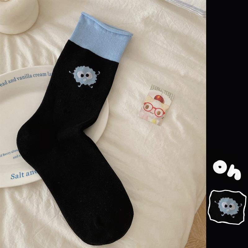 

5pair 25 Autumn Korean Socks Women S Coal Briquettes Polka Dots College Style Cute Socks Curling And Loosening Japanese Mid-Tube Stacking Socks One size чорний
