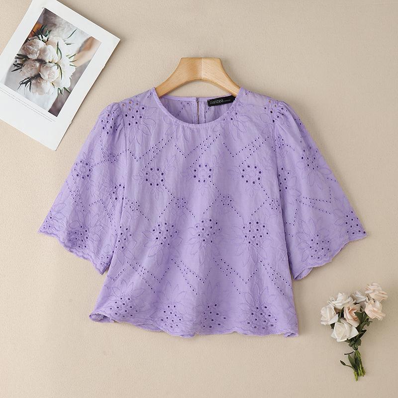 

ZANZEA Women Casual Round Neck Short Sleeve Lace Embroidery Summer Blouse M