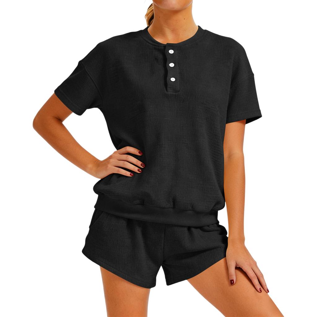 Damen Entspanntes Loungewear-Set: Kapuzenpullover mit kurzen Ärmeln kombiniert mit High-Waist-Shorts, Lässiges Zweiteiler-Outfit