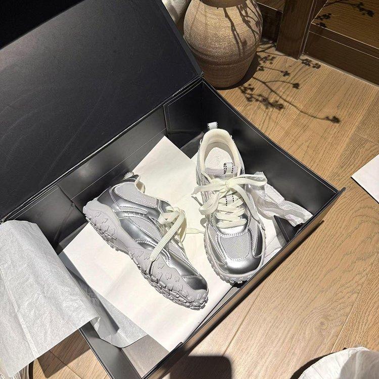 

Cowhide version~ Small person height increase thick-soled versatile casual sports shoes women s new lace-up leather temperament dad shoes 40 серебряный