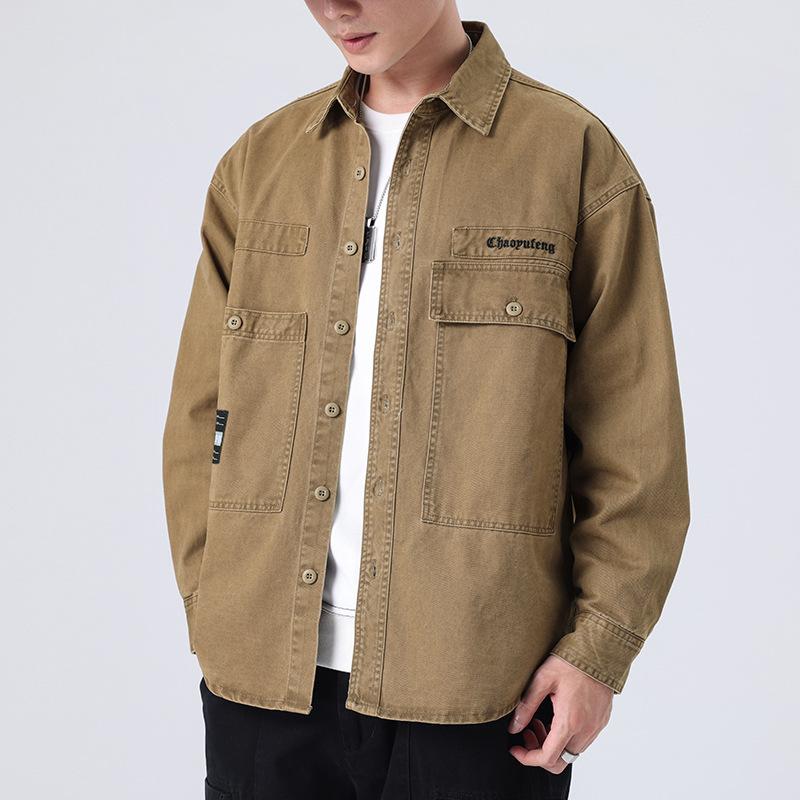 Heavy Retro Washed Men'S Long-Sleeved Shirt Loose Large Size Trendy Brand American Casual Tooling Shirt Jacket