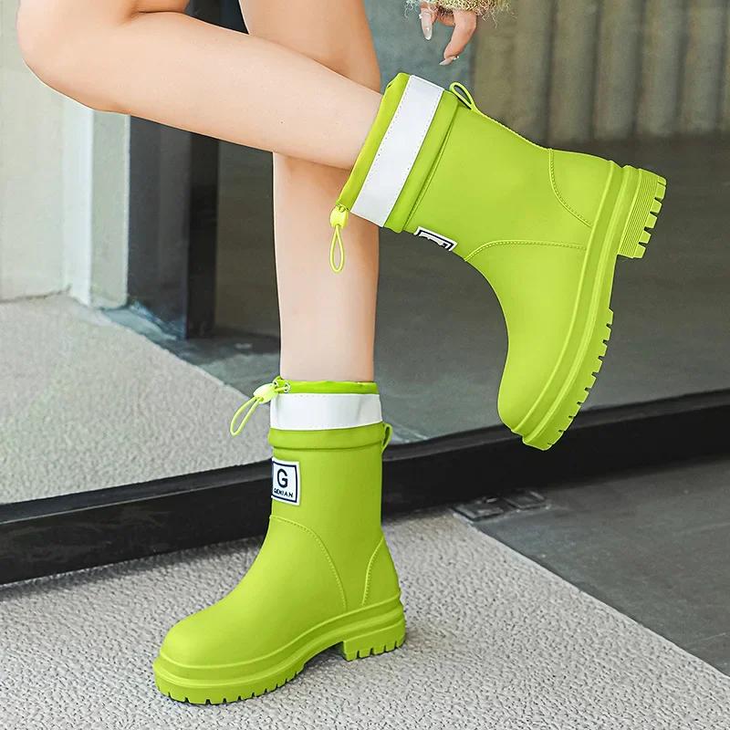 Fashion 2024 New Windproof Rain Boots Women Leather Mid-calf Rainboots Fashion Elastic Band Rain Shoe Ladies Cotton Waterproof Work Boot