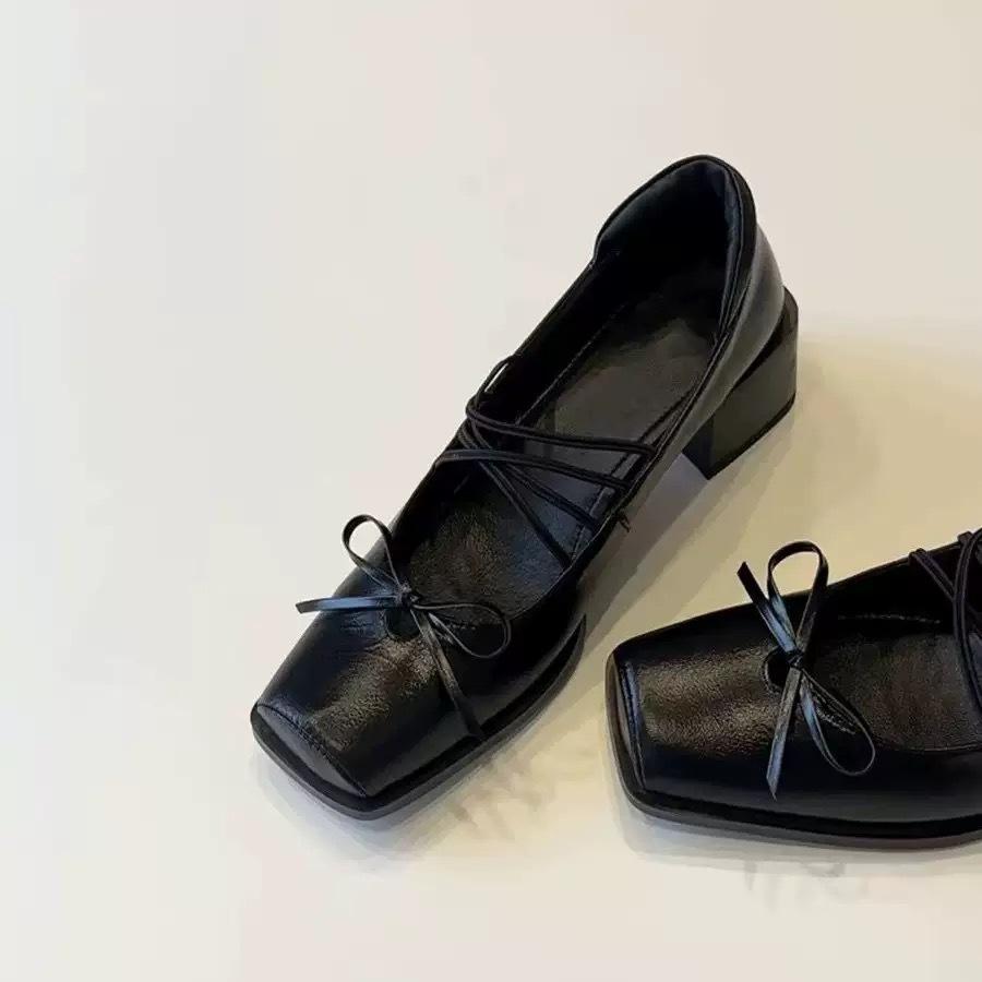 Sheepskin~ platform bow retro high heels ballet shoes square head silver thick heel Mary Jane shoes women's single shoes