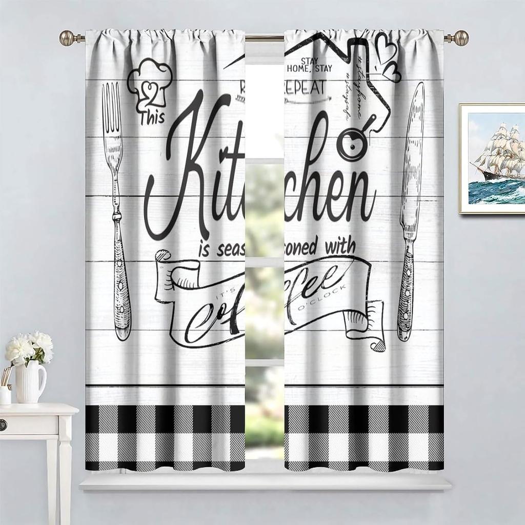 Farmhouse Rustic Kitchen Curtains, Vintage Fork Spoon Barn Rustic Plank Cafe Curtains Home Living Room Bedroom Blackout Curtains 2 Panels 42x45