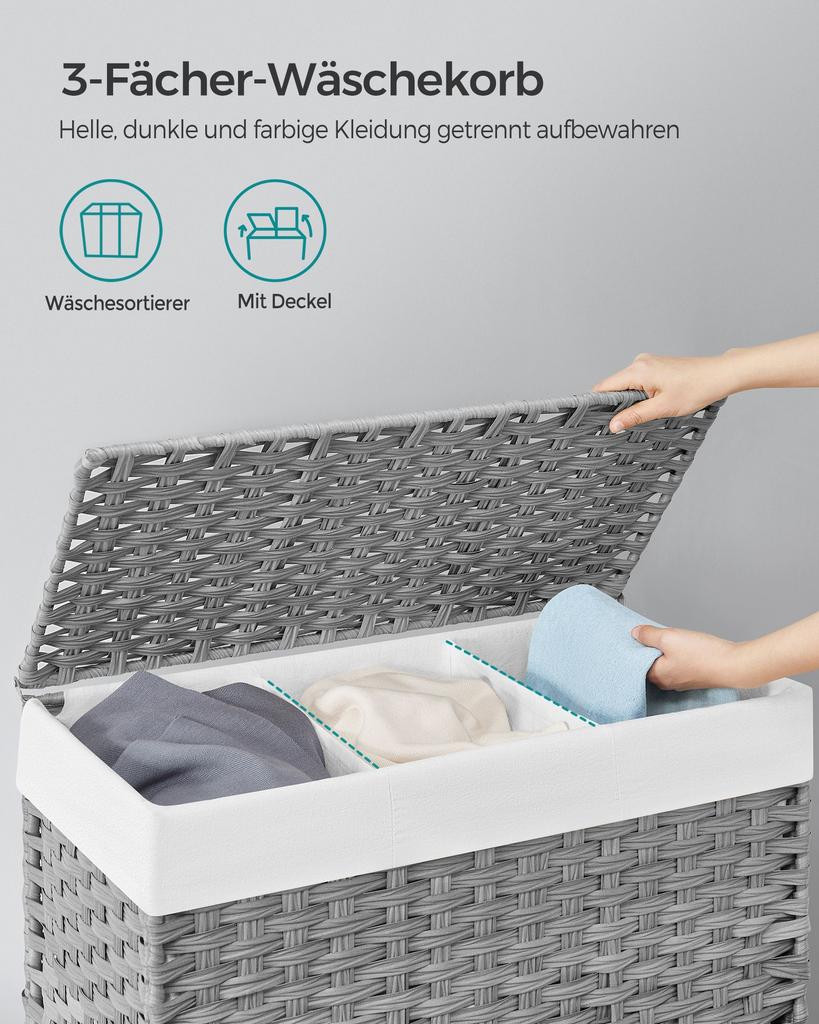 SONGMICS Laundry Basket, Handwoven Laundry Hamper, 140L Rattan-Style Washing Basket with 3 Compartments, Removable Liner, Handles, Lid, Living Room