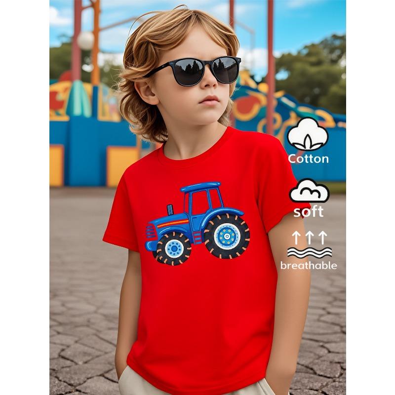 Mărimi Europene Tricou cu Mânecă Scurtă pentru Băieți, Design Imprimat, Model cu Tractor Albastru, Mânecă Scurtă, Îmbrăcăminte Casual de Vară, Confortabil de Purtat