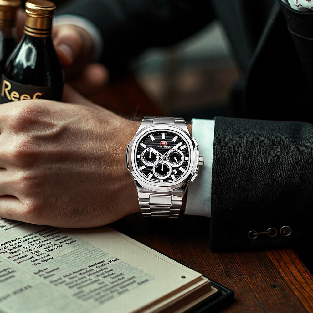 MINI FOCUS Fashion Multifunctional Quartz Watch for Men Luminous Hands Calendar Stainless Steel Strap Business Mens Watches