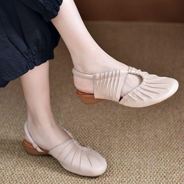 Fashion Original Toe Sandals 25 New Style Thick Heel Beach Roman Sandals Women's Shoes Top Layer Cowhide Low Heel Mom Shoes