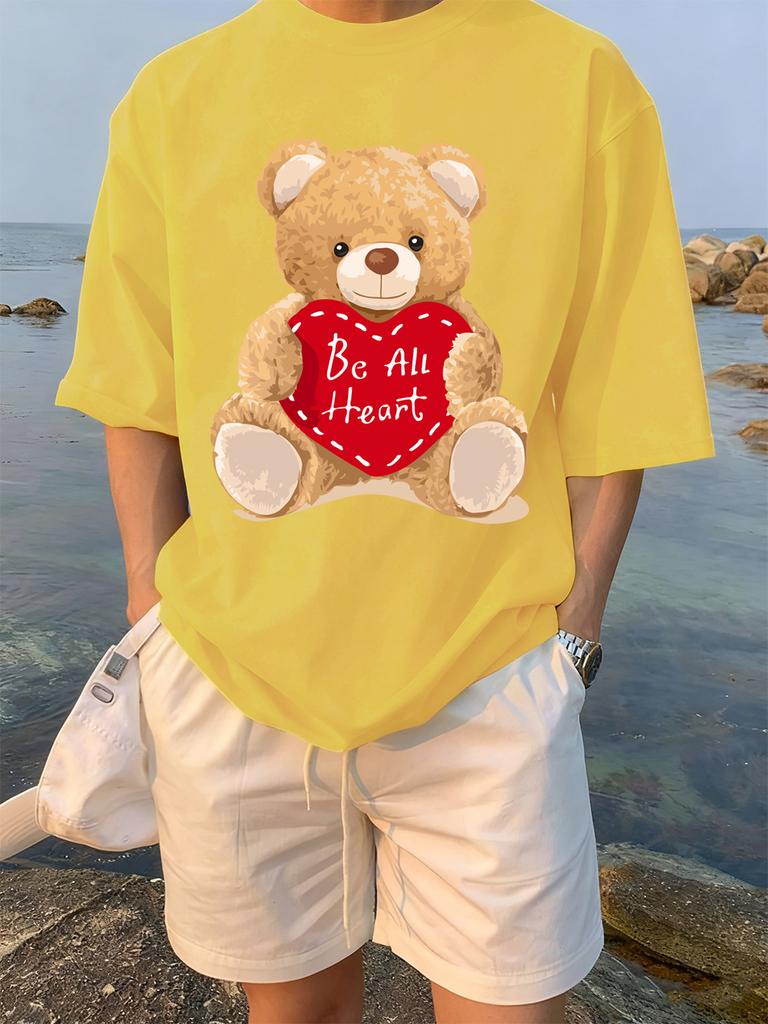 Cartoon Bear Gives You His Heart Prints TShirts Womens Summer Cotton Tops ONeck Soft Loose Short Sleeve Tees Casual Clothes