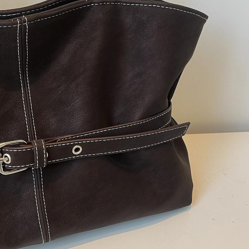 Womens Casual PU Leather Tote Bag Belt Buckle Detail Stitch Accent Large Capacity Minimalist Daily Bag for Commute Travel Everyday Use Durable