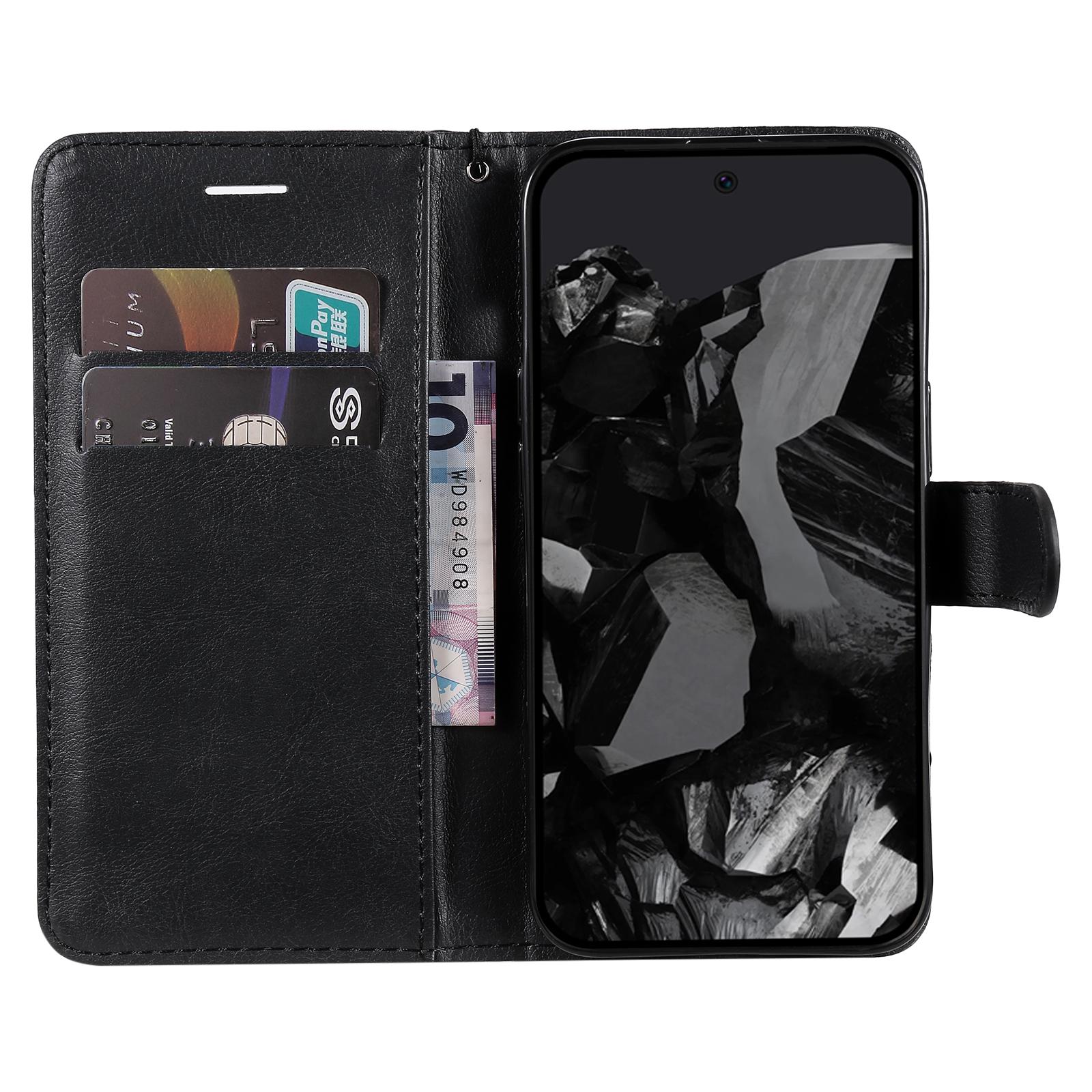 

For Google Pixel 10 Pro XL/9 Pro XL Case Solid Color Leather Mobile Cover Wallet Stand with Strap Black