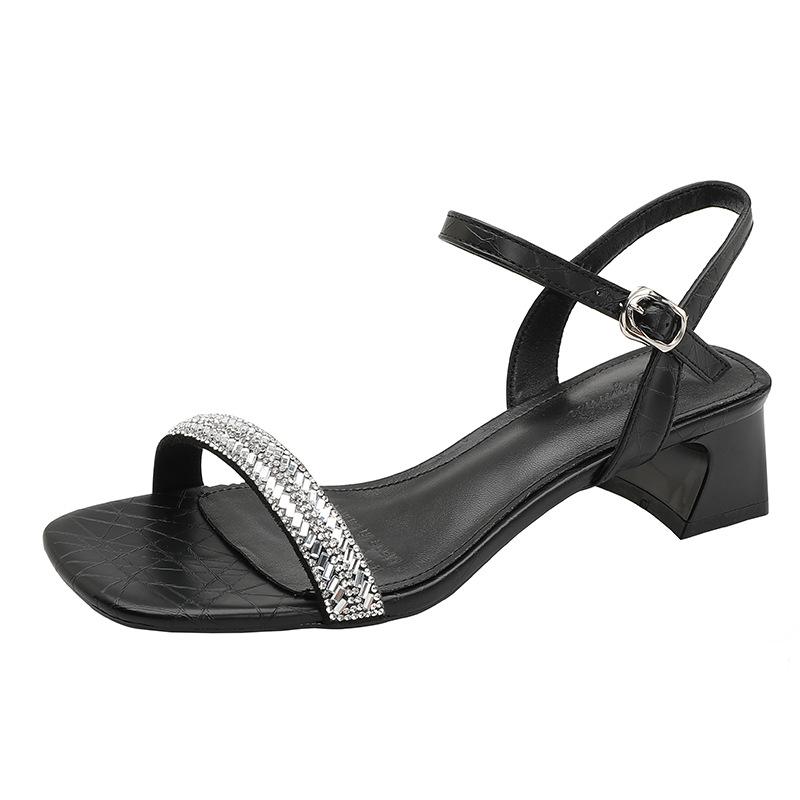 Fairy wind öppna tå-sandaler med medelhög klack för kvinnor, sommar 2025, nya, silverfärgade, fyrkantig tå, enbandsspänne med strass, högklackade