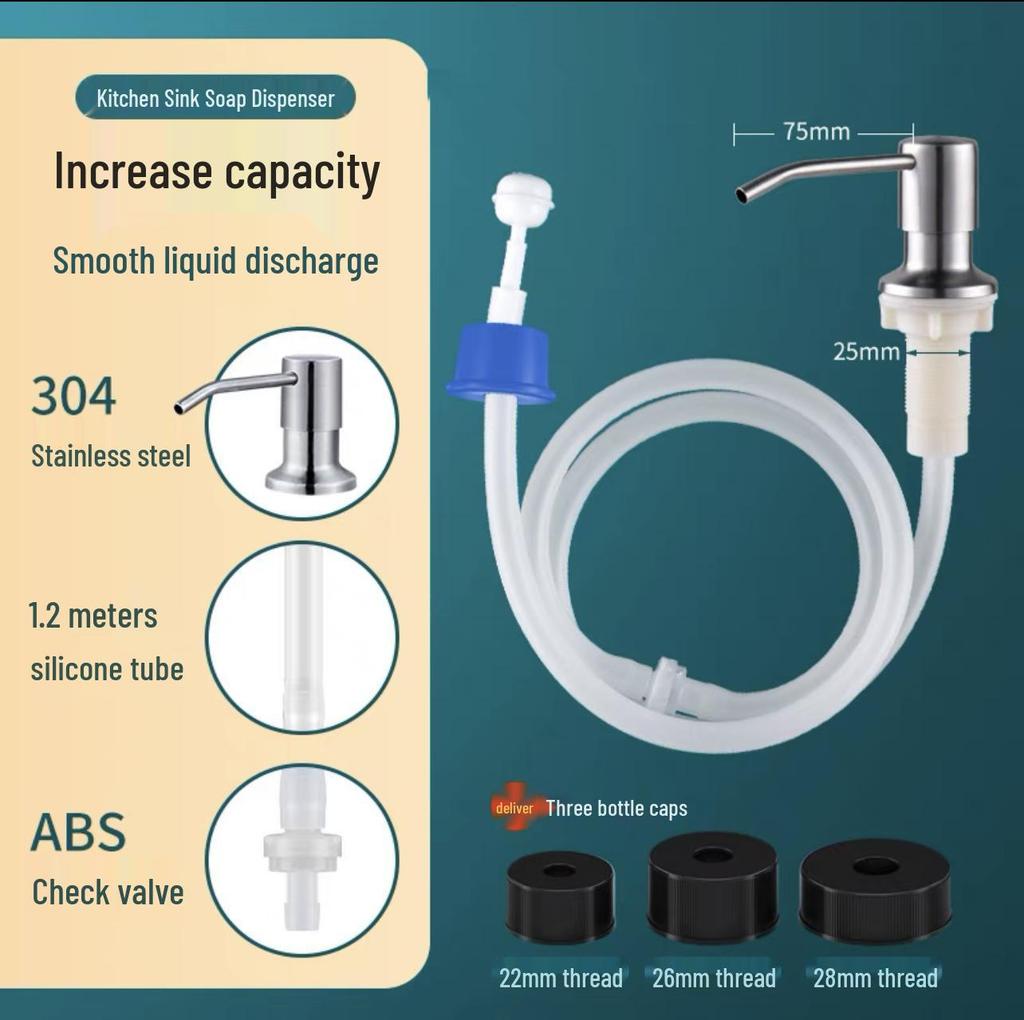 Stainless Steel Kitchen Soap Dispenser with Silicone Extended Tube and Pump Head