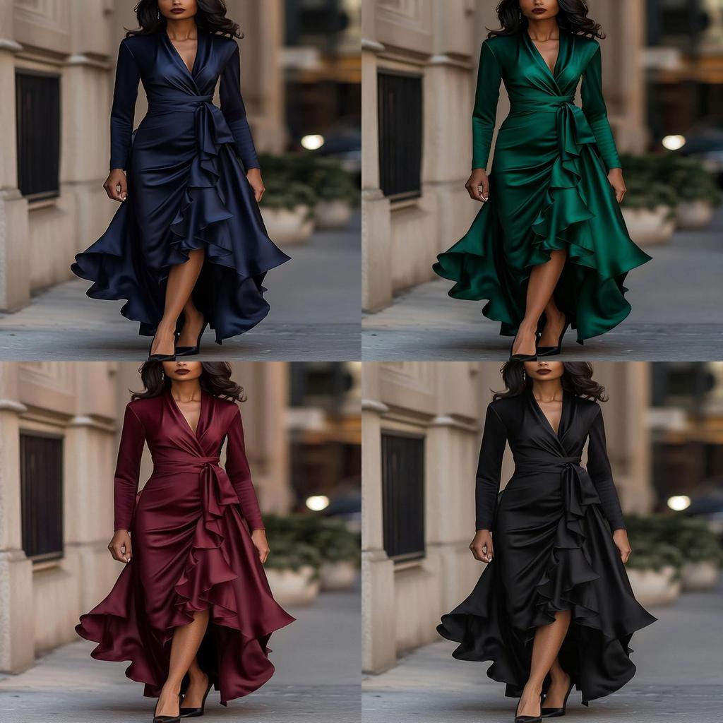 Polyester Satin Vneck Waist Ruffle Dress For Elegant Occasions