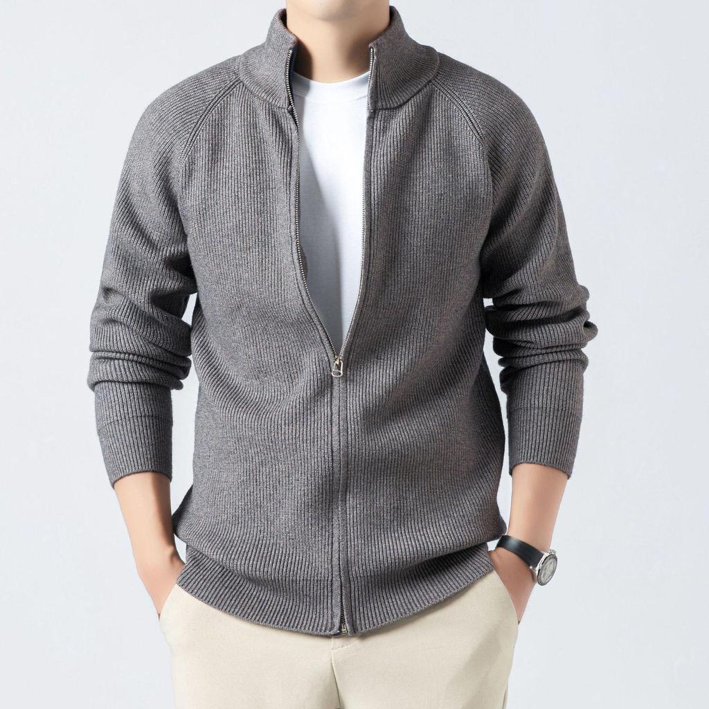 2025 Autumn/Winter Men's Stand-Up Collar Knitted Cardigan: Fashionable, Versatile Solid Color Sweater with Long Zipper.