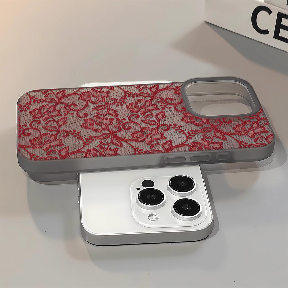 Red Lace Mesh Design Soft Phone Case For IPhone 17 16 15 14 13 12 11 Pro Max 7 8 XR XS Transparent Silicone Soft Cover Case