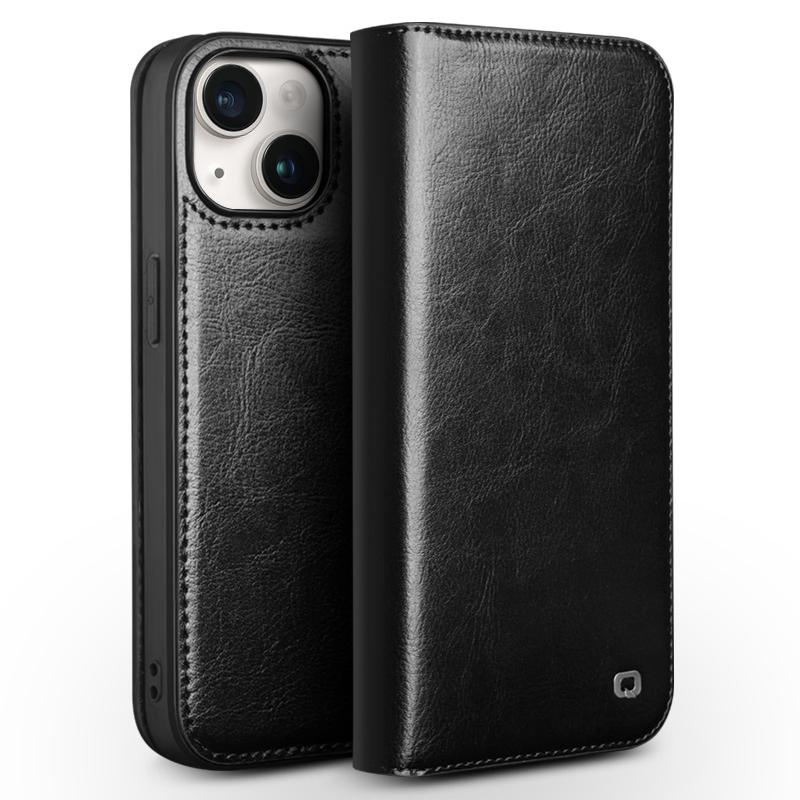 QIALINO For iPhone 15 Genuine Leather Flip Wallet Cover Stand Drop-proof Cowhide Texture Phone Case