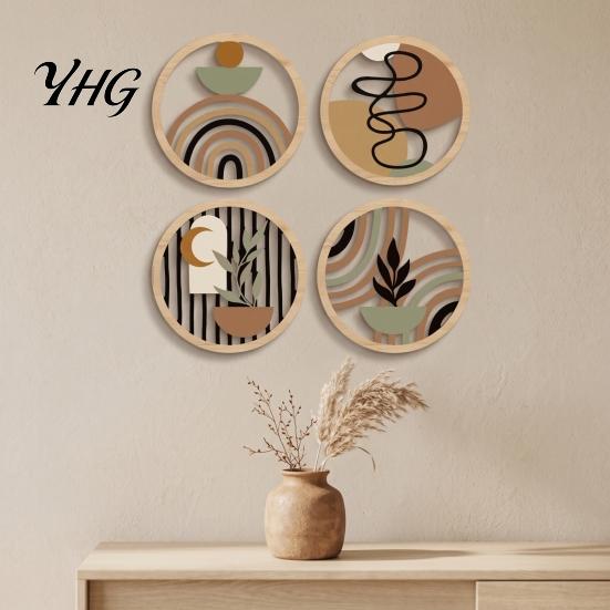 Placche Rotonde Decorative in Legno 4 Pezzi Arte da Parete Boho, Cartelli Appesi Piatto 2D, Geometria Moderna Materiale Naturale Ornamenti per la Casa Decorazione in Legno, Boemo per